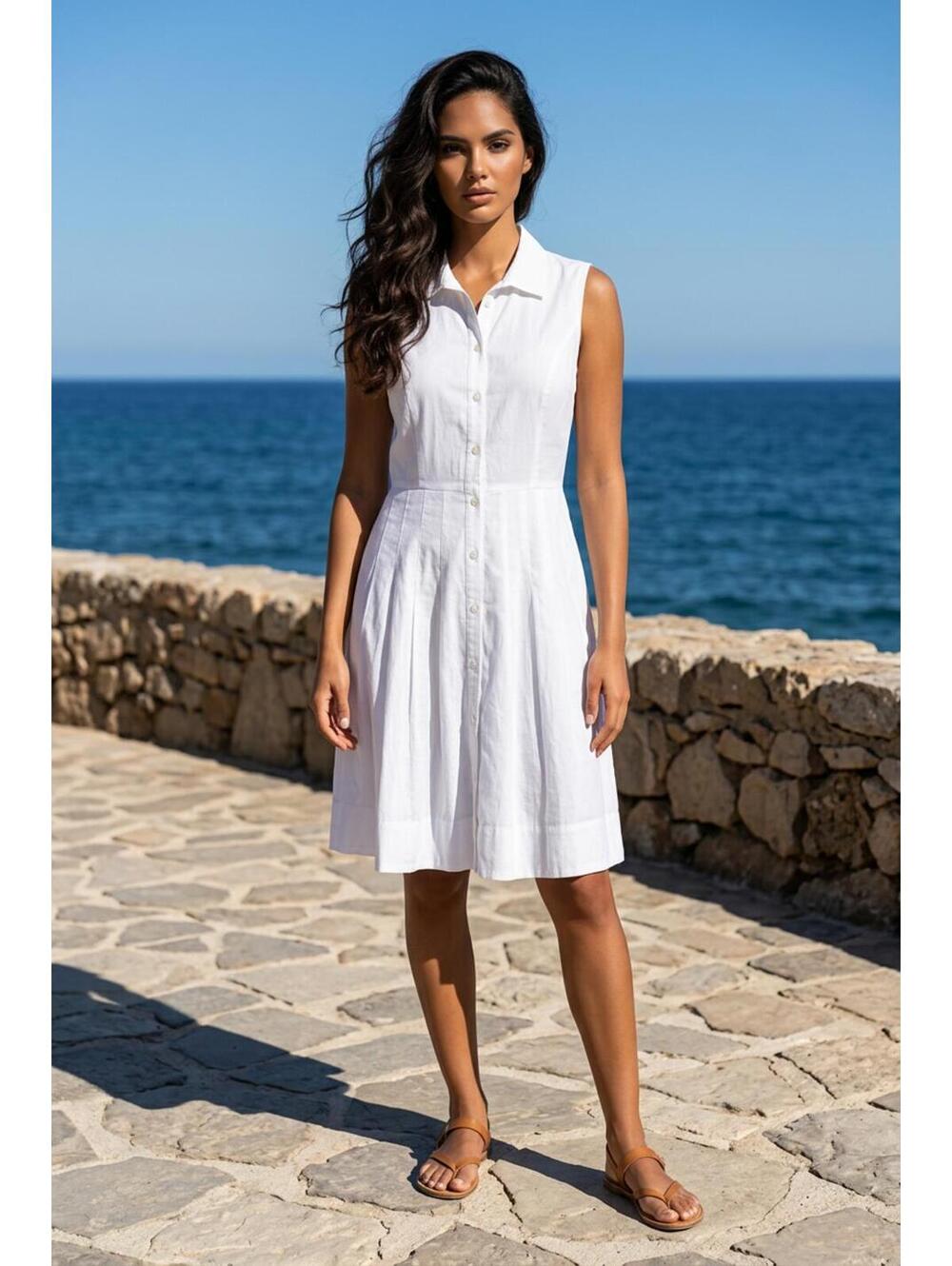 Alfani Sleeveless White Shirt Dress Button-Down Front, Pleated A-line Skirt